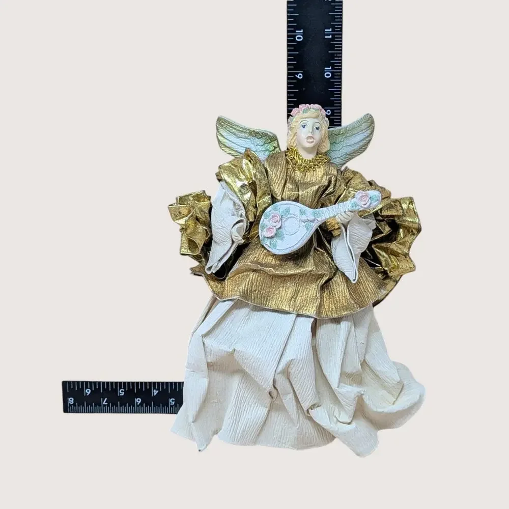 Vintage Gold Fabric Mache Angel Playing Lute Ornament